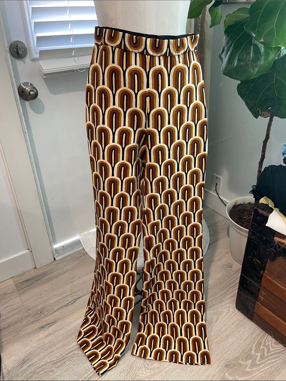 Gorgeous Zara Retro Style Mustard & Brown Geometric Wide-Leg Pants